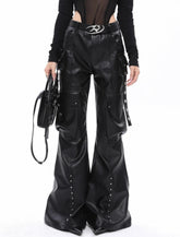 HEYFANCYSTYLE Women's Tailored Vegan Leather Wide-Leg Trousers - Stud Detail
